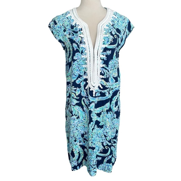 Lilly Pulitzer Madia Tunic Blue Dress Women Size L Coastal Nautical Floral Rayon - Picture 2 of 7